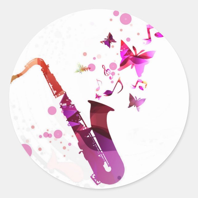 Saxophone cute music and butterflies classic round sticker (Front)