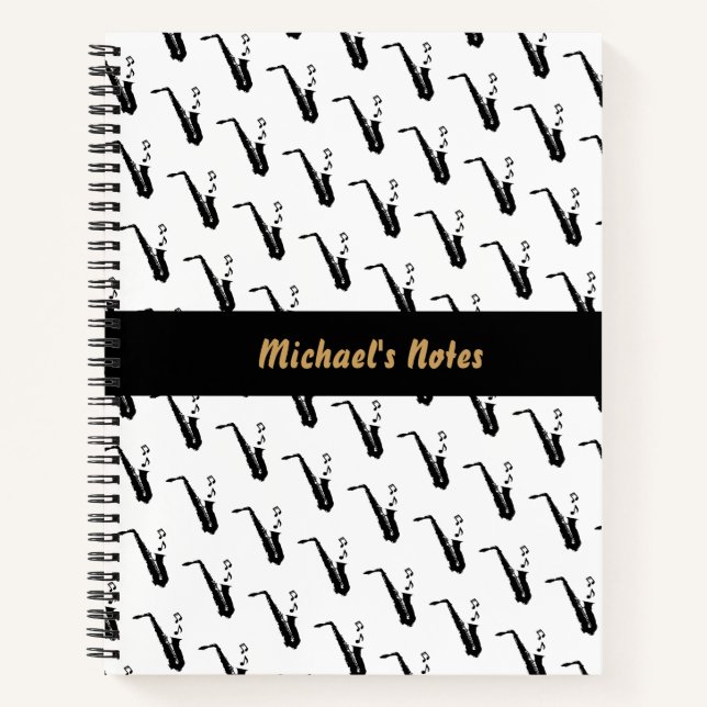 Saxophone Fun Music Notes Personalised White Notebook (Front)