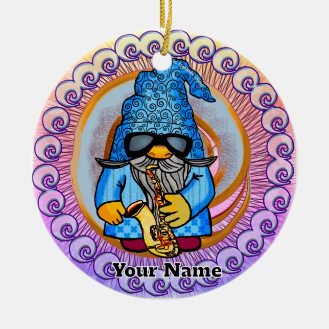 Saxophone gnome ceramic tree decoration (Front)