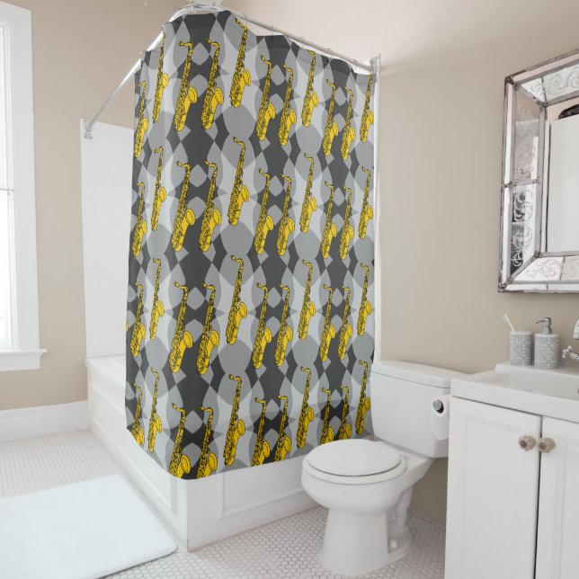Saxophone Grey Pattern Shower Curtain (In Situ)