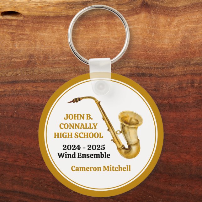 Saxophone High School Band Gold Personalised Key Ring (Front)