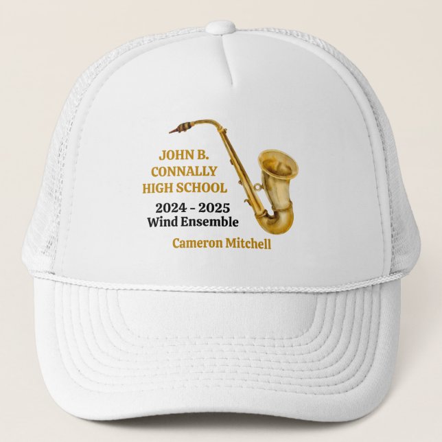 Saxophone High School Band Gold Personalised Trucker Hat (Front)