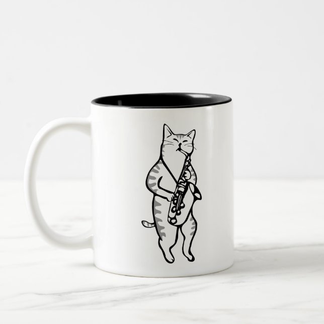 Saxophone Instrument Music Jazz Cat Two-Tone Coffee Mug (Left)