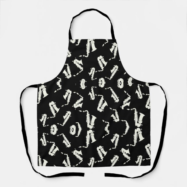 Saxophone Jazz Black And White Pattern Apron (Front)