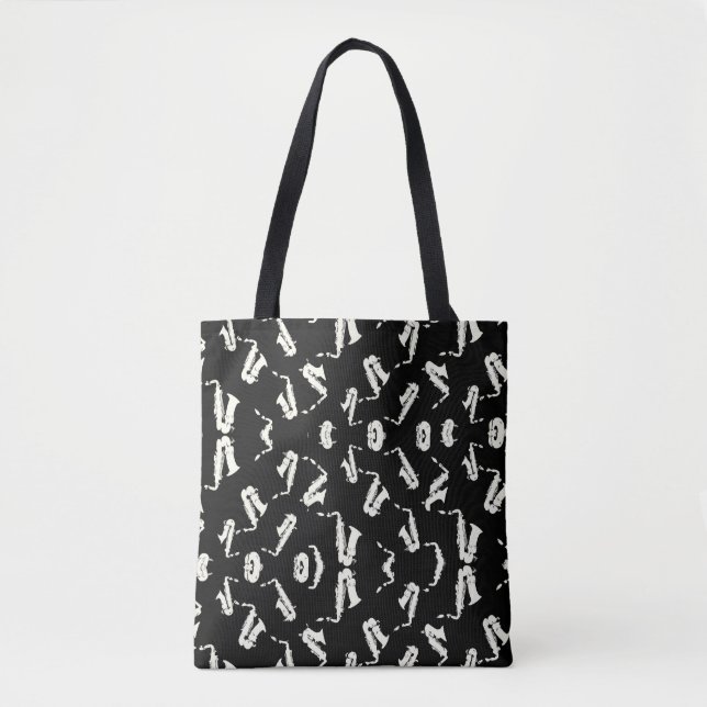 Saxophone Jazz Black And White Pattern Tote Bag (Front)