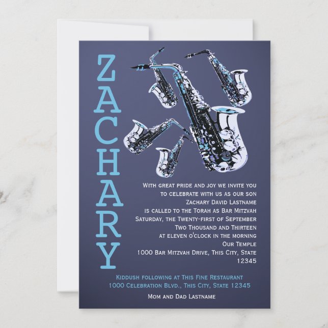 Saxophone Music Bar Mitzvah Invitation (Front)