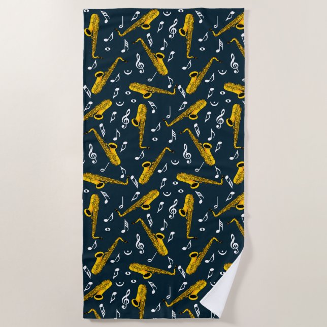 Saxophone Music Note Pattern Beach Towel (Front)