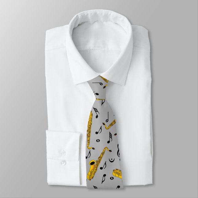 Saxophone Music Note Pattern Neck Tie (Tied)