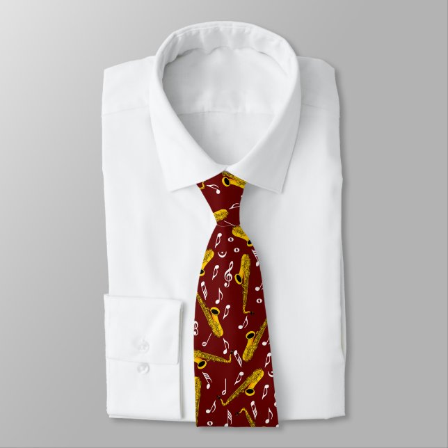 Saxophone Music Note Pattern Tie (Tied)