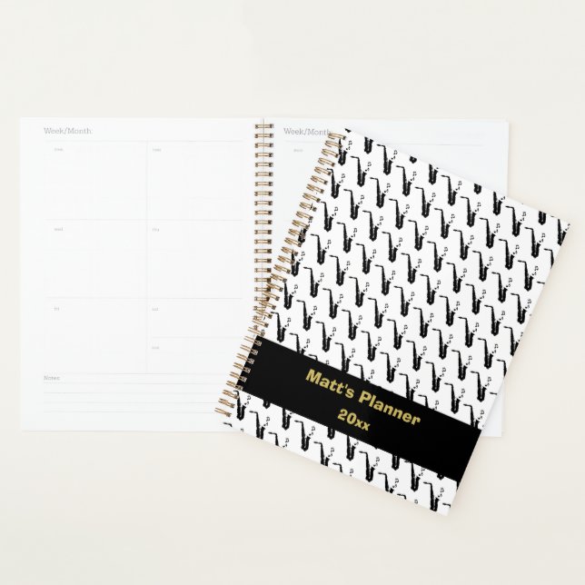 Saxophone Music Notes Personalised White Planner (Display)