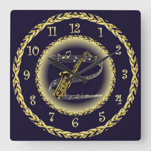 Saxophone ~ Musical Scroll ~ Gold/Navy Blue ~  Square Wall Clock