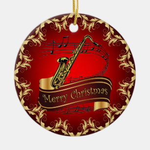 Saxophone ~ Musical Scroll ~ Merry Christmas ~ * ~ Ceramic Tree Decoration