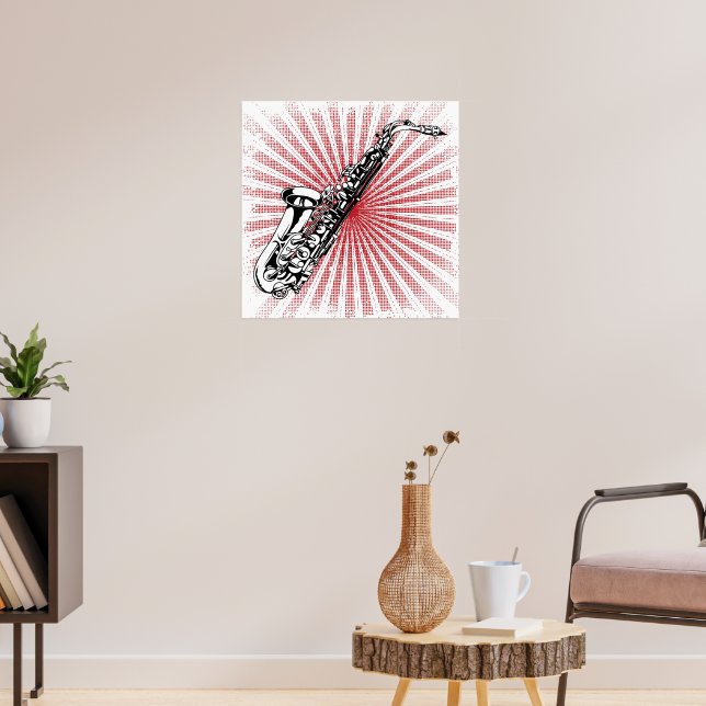 Saxophone on Grunge Red Sunburst Poster (Living Room 3)