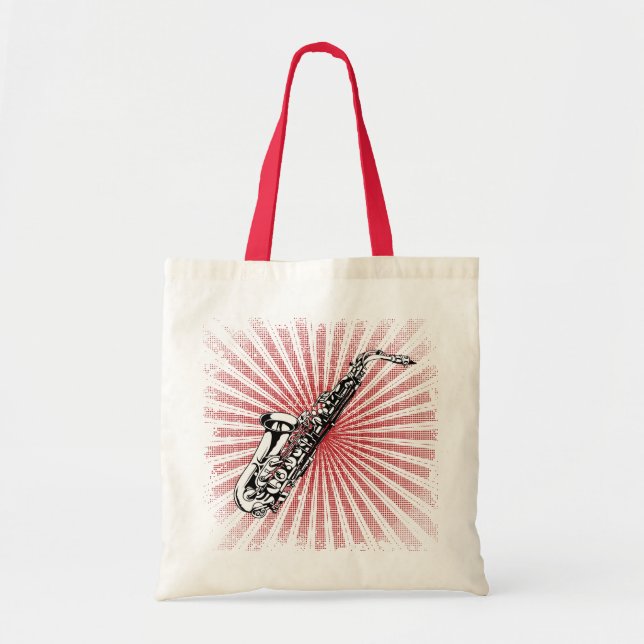 Saxophone on Grunge Red Sunburst Tote Bag (Front)