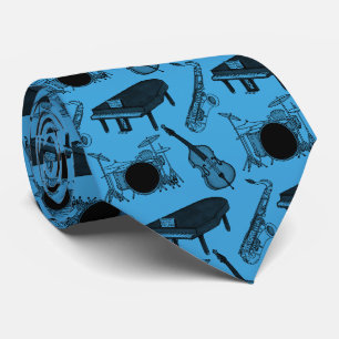 Saxophone Piano Bass Drums Jazz Musician (Blue) Tie