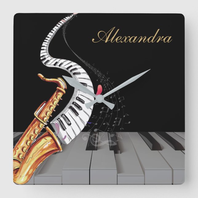 Saxophone Piano Music Luxury Personalised Square Wall Clock (Front)