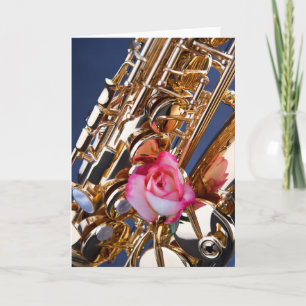 Saxophone & Pink Rose Picture Greeting Card