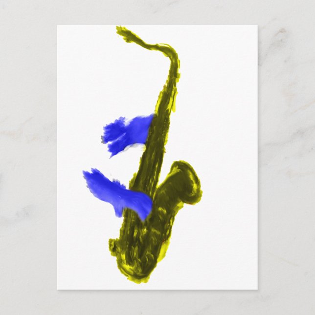 Saxophone played by two hands, blue and  yellow postcard (Front)