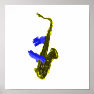Saxophone played by two hands, blue and yellow poster
