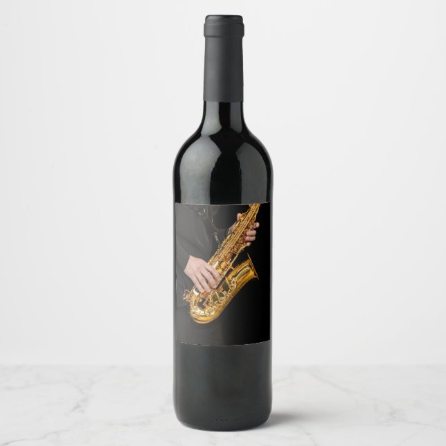 Saxophone Player hands Saxophonist playing jazz Wine Label (Front)