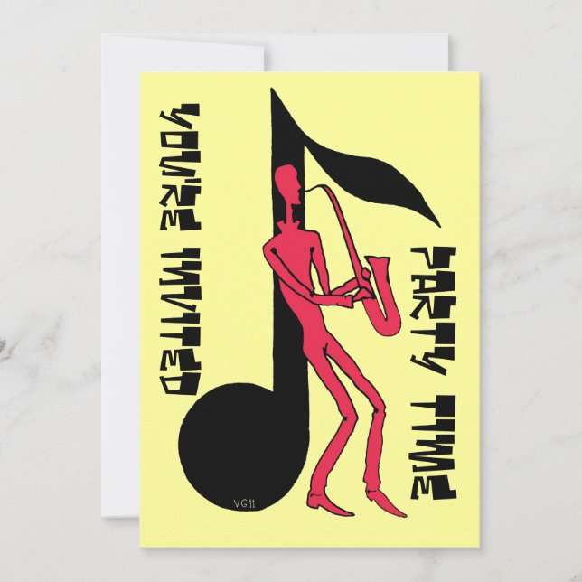 Saxophone playing man party invitation card (Front)