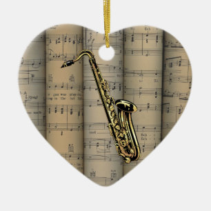 Saxophone ~ Rolled Sheet Music Background ~ Music Ceramic Tree Decoration