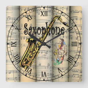 Saxophone ~ Rolled Vintage Sheet Music ~ Unique ~ Square Wall Clock