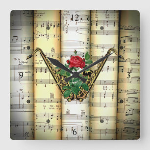Saxophone & Rose ~ Rolled Sheet Music ~ Square Wall Clock