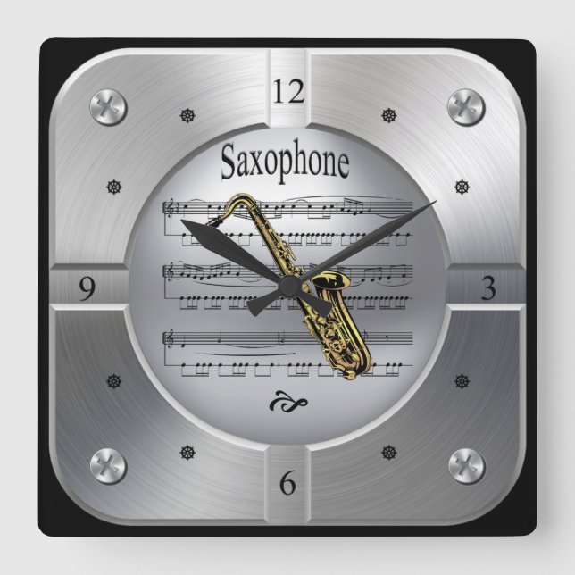 Saxophone ~ Sheet Music ~ Brushed Silver Color ~ Square Wall Clock (Front)