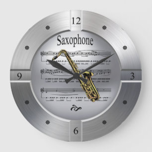 Saxophone ~ Sheet Music ~ Brushed Silver Colour ~ Large Clock