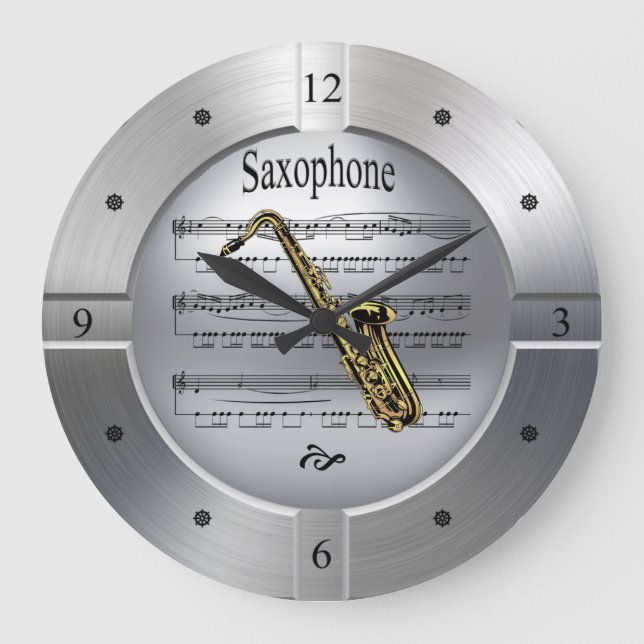 Saxophone ~ Sheet Music ~ Brushed Silver Colour ~ Large Clock (Front)