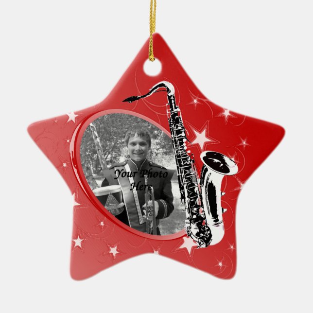 Saxophone Shining Star Photo Ceramic Tree Decoration (Front)
