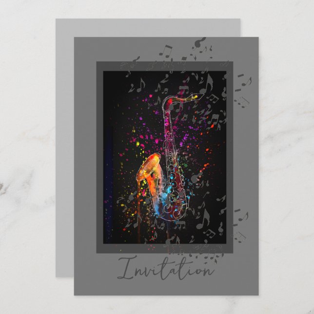 Saxophone Splash And Music Notes Invitation (Front/Back)