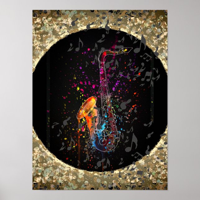 Saxophone Splash And Music Notes Poster (Front)