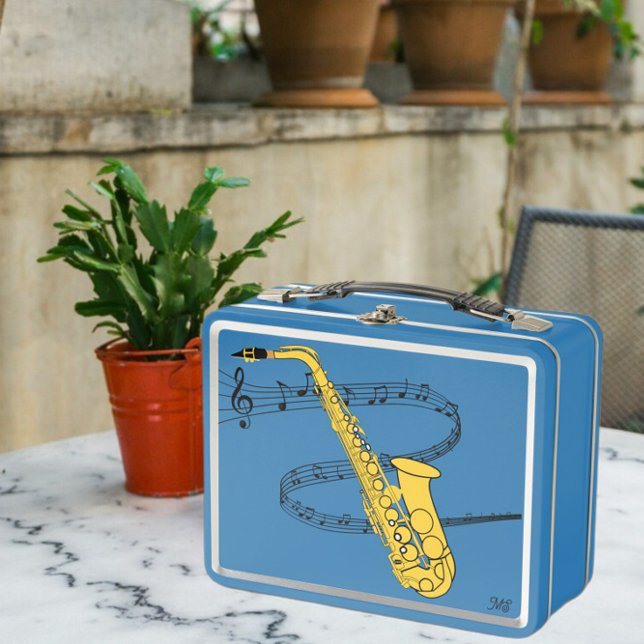 Saxophone Swirled Music Staff Drawing | Initials Metal Lunch Box (Creator Uploaded)