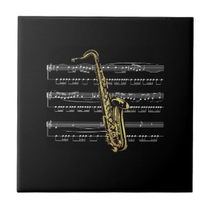 Saxophone w/Sheet Music ~ Black Background Tile