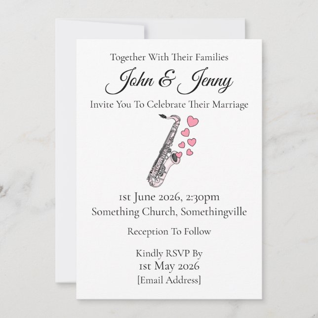 Saxophone Wedding Invitation Saxophonist Musicians (Front)