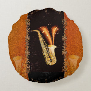 Saxophone with key notes and floral elements round cushion