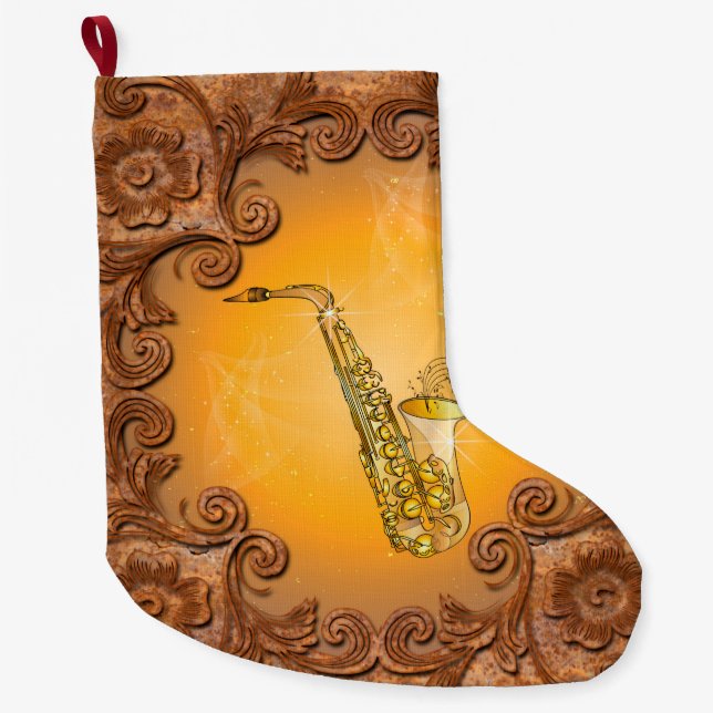 Saxophone with key notes large christmas stocking (Front)