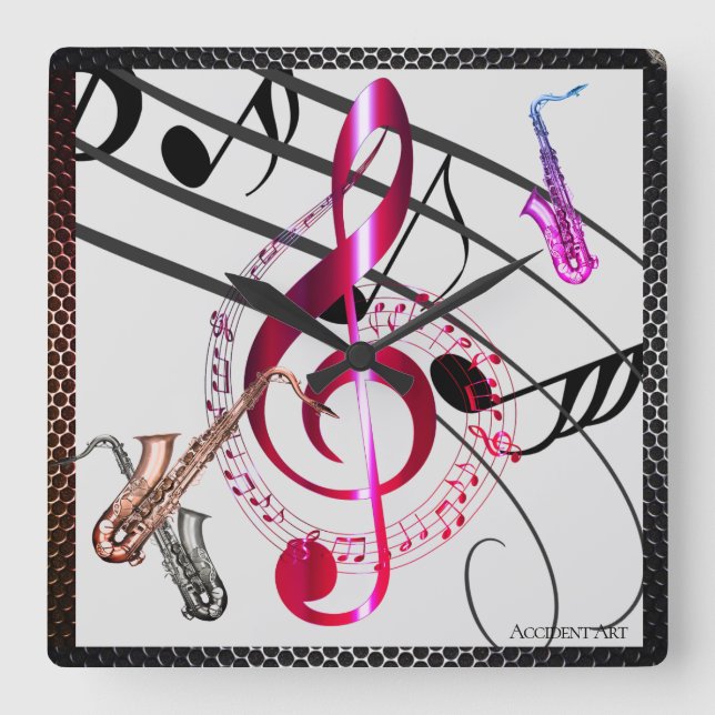 Saxophones, Musical Notes, Keeping Time on a Square Wall Clock (Front)