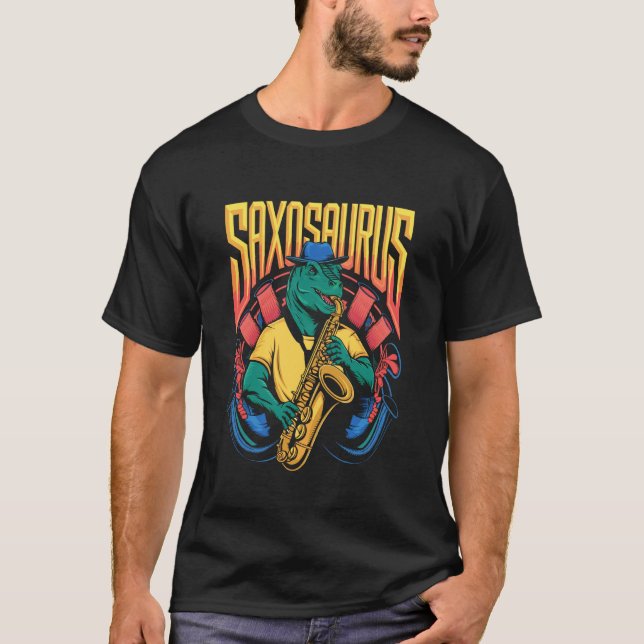 Saxosaurus Dinosaur Playing Saxophone T-Shirt (Front)