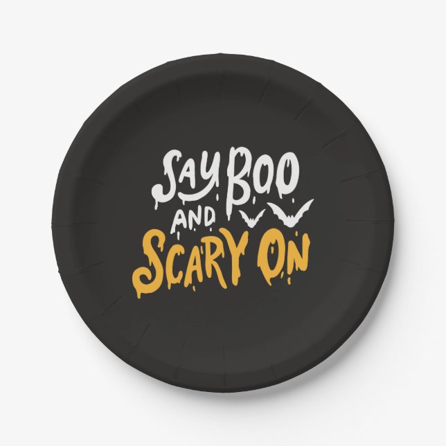 Say Boo and Scary On | Funny Halloween Party Paper Plate (Front)