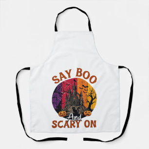 Say Boo Scary Halloween Haunted House Black Cat Pu Apron