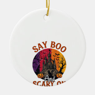 Say Boo Scary Halloween Haunted House Black Cat Pu Ceramic Tree Decoration