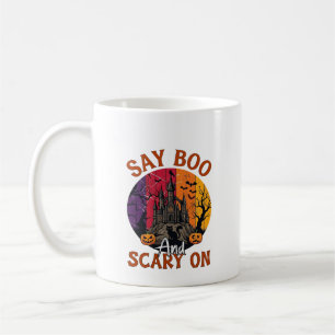 Say Boo Scary Halloween Haunted House Black Cat Pu Coffee Mug