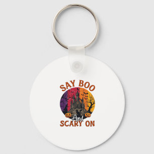 Say Boo Scary Halloween Haunted House Black Cat Pu Key Ring