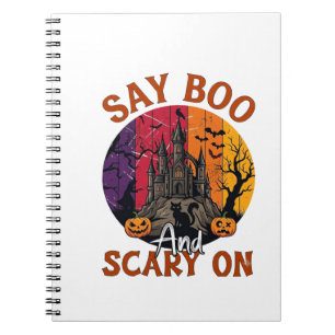 Say Boo Scary Halloween Haunted House Black Cat Pu Notebook