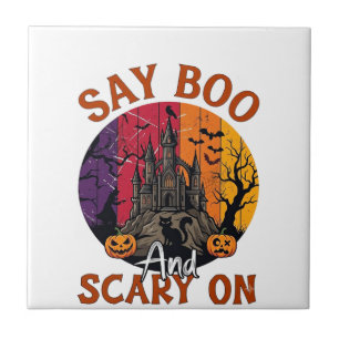 Say Boo Scary Halloween Haunted House Black Cat Pu Tile
