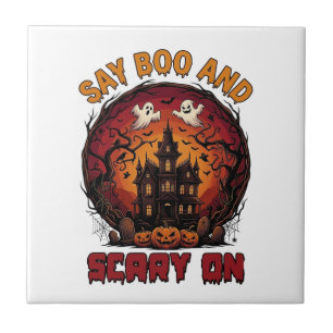 Say Boo Scary Haunted House Ghosts Pumpkins Hallow Tile