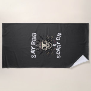 Say Boo Scary Skull Crown Bat Wings Halloween_1 Beach Towel